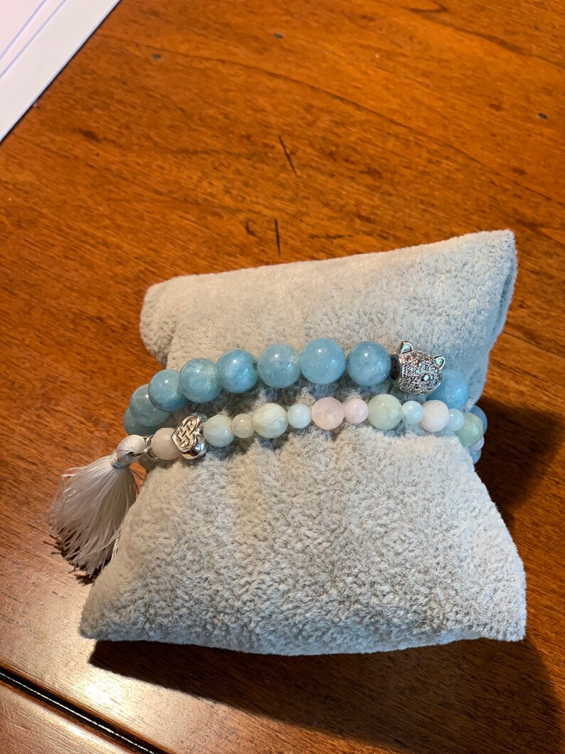 Designer exclusive unique jewelry. Beryl AAA beads elastic bracelet with silk tassel and heart matte bead