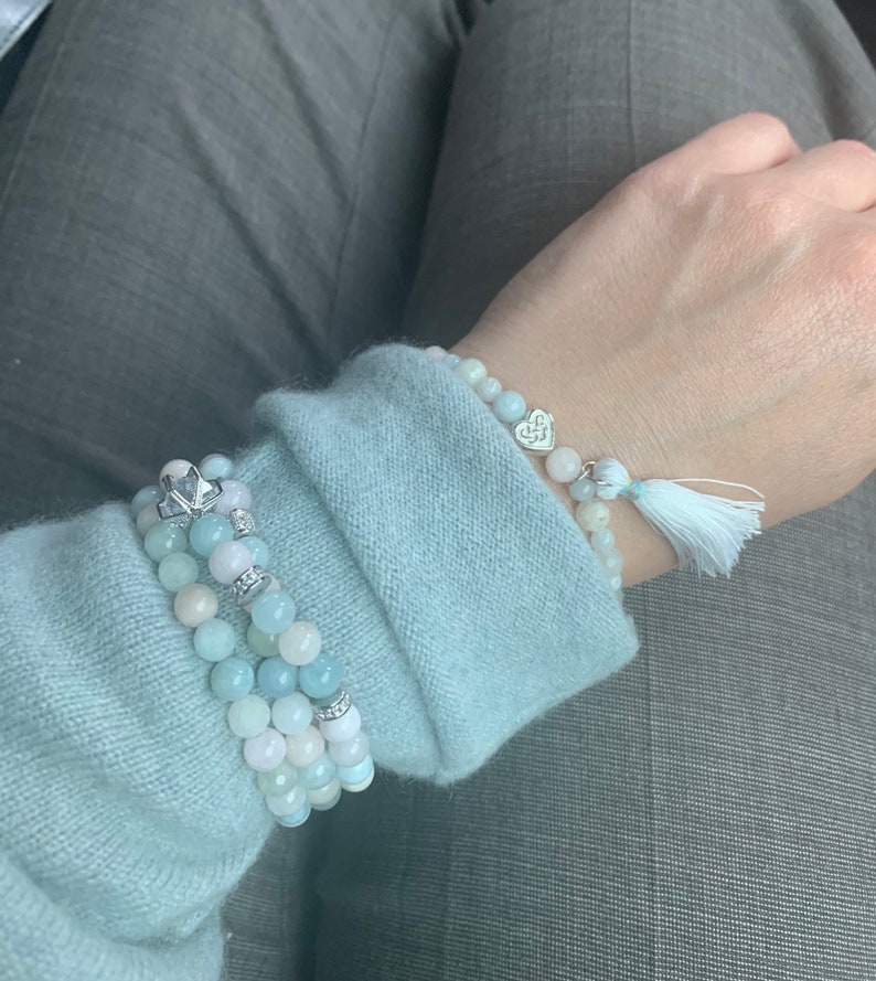 Designer exclusive unique jewelry. Beryl AAA beads elastic bracelet with silk tassel and heart matte bead