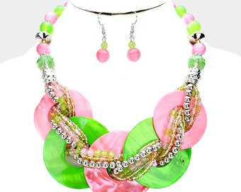 Green & Pink Floral Painted Shell Style Necklace CJN505 Green & Pink Floral Painted Shell Style Necklace CJN505