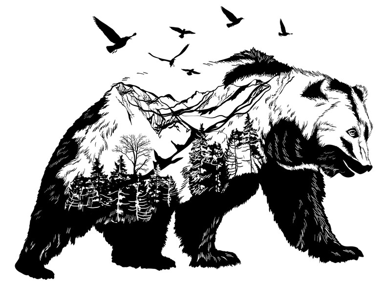 Bear Engraving digital file mountains bear birds forest Etsy