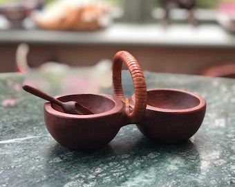 Vintage Danish Teak Mid Century Bowls Salt or Condiment With Scoop 1970’s