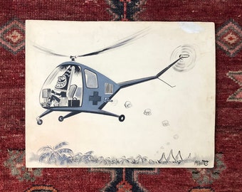 Cartoon Keith Waite Original Artwork Signed Tribesman Flying Red Cross Helicopter