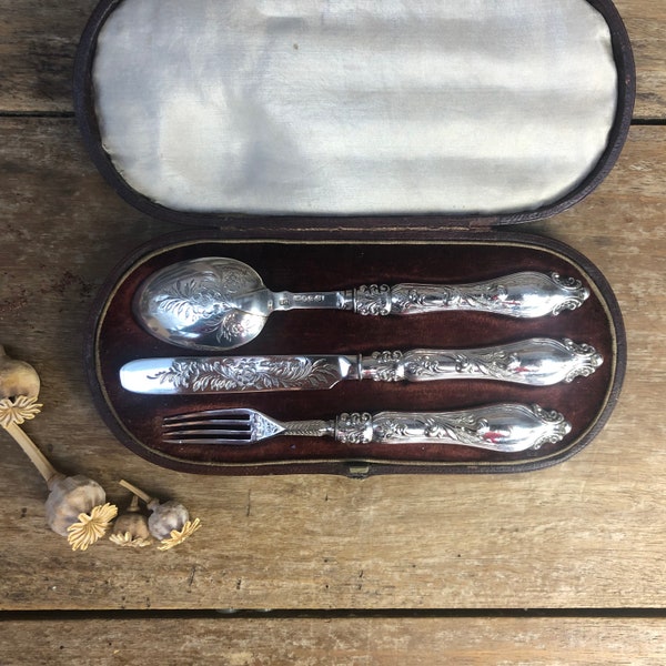 A.H. Hallmarked Silver Knife, Fork and Spoon Childs Christening or Birth Gift 1855 James Collins