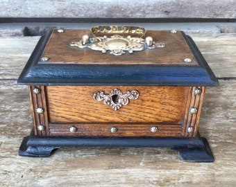 Vintage Oak Treasure Chest Jewellery or Trinket Box With Brass Fittings
