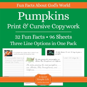 May include: A printable worksheet with 32 fun facts about pumpkins. The worksheet includes a map of the United States showing the states that grow the most pumpkins. The text "32 Fun Facts. 96 Sheets. Three Line Options in One Pack" is at the top of the worksheet.