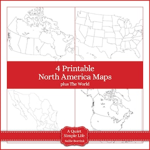 Può includere: Quattro mappe stampabili del Nord America e del mondo in bianco e nero, disposte in una griglia. Un banner rosso al centro recita "4 Printable North America Maps plus The World". Le mappe sono su sfondo bianco.