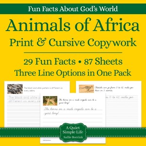 Könnte beinhalten: Ein gelbes und grünes druckbares Arbeitsblatt mit dem Titel "Tiere Afrikas: Drucken & Schreibschrift üben". Das Arbeitsblatt enthält 29 lustige Fakten über Tiere in Afrika, mit drei Zeilenoptionen zum Üben der Schreibschrift. Das Arbeitsblatt enthält Bilder eines Zebras und eines Impalas.