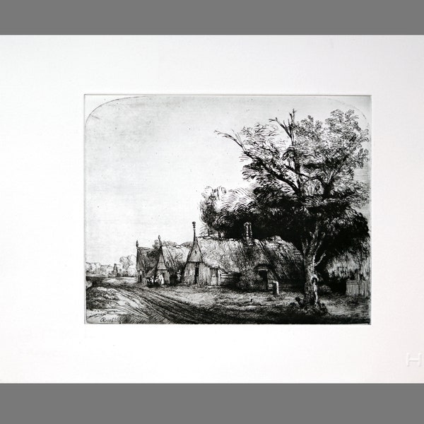 Landscape with three gabled cottages beside a road