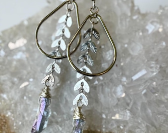 Angel Aura Quartz Hoop Earrings: Silver Laurel Leaf Dangle, Hypoallergenic