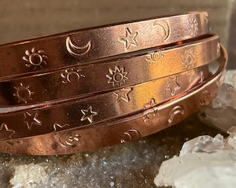Celestial Copper Bangle Bracelet | Stars Moons Suns | Adjustable 6” Handmade | Witchy Boho Jewelry | 7th Anniversary Gift