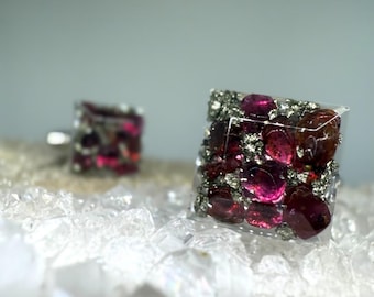 Square Garnet Cufflinks: Pyrite Resin, Stainless Steel - Handmade