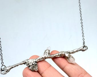 Raw Quartz Crystal Branch Necklace: Hypoallergenic Silver Twig Pendant