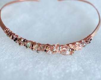 Handmade Asymmetrical Copper Gemstone Collar | Micro Crystal Choker with Pyrite Moonstone & Quartz | Artisan Statement Necklace