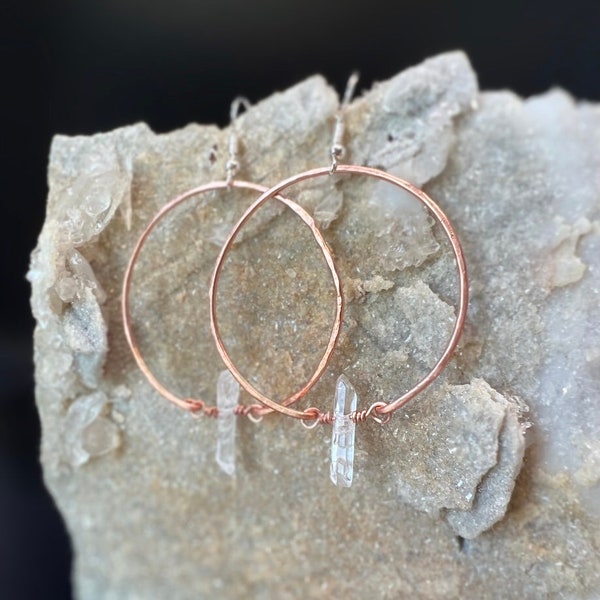 Raw Crystal Hoop Earrings | Raw Quartz Crystal Earrings | Quartz Dangle Earrings | Ready to Ship | April Birthstone