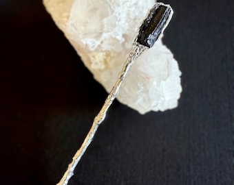 Black Tourmaline Hair Stick: Raw Gemstone & Silver Branch Hair Wand
