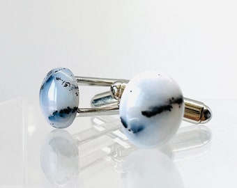 Black Moss Agate Cufflinks: Stainless Steel Groomsman Gift