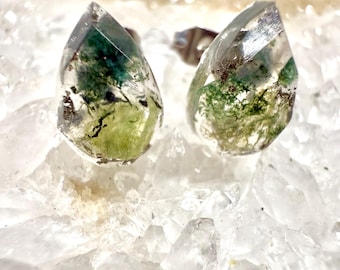 Green Moss Agate Stud Earrings: Pyrite Resin, Stainless Steel