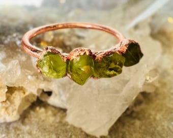Raw Peridot Ring: Electroformed Copper Stacking Band, August Birthstone