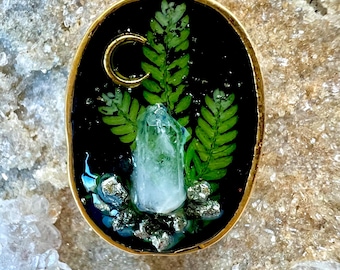 Raw Quartz Crystal Terrarium Necklace: Gold Celestial Pendant