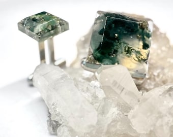 Green Moss Agate Cufflinks: Pyrite Resin, Stainless Steel