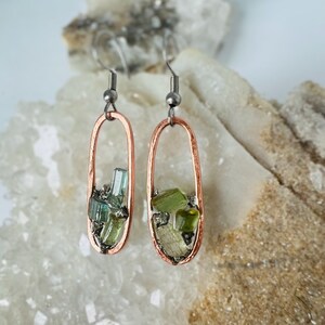 Handmade Raw Green Tourmaline Earrings: Copper Dangle Jewelry