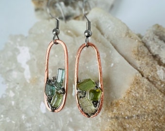Green Tourmaline Earrings | Tourmaline Jewelry | Raw Green Tourmaline Earrings | Green Crystal Dangle Earrings
