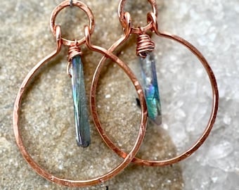 Handmade Copper Angel Aura Quartz Earrings: Hypoallergenic Steel