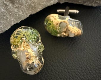 Gothic Crystal Skull Cufflinks: Resin Landscape with Gold Leaf