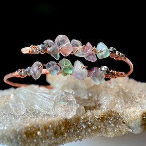Handmade Copper Fluorite Bracelet: Adjustable Gemstone Stacking Bangle