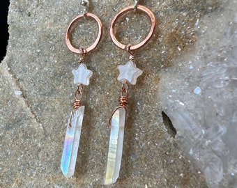 Pendientes de cuarzo con aura de ángel hechos a mano: estrellas de cuarzo rosa, plata de ley