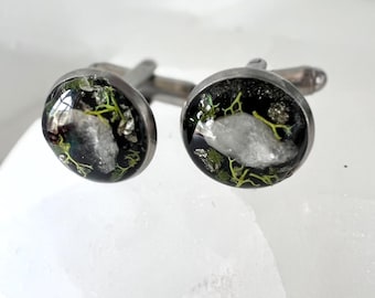Quartz Crystal Terrarium Cufflinks: Natural Moss & Pyrite Accents