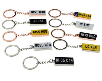 Personalised Car Reg 3D Keyring in Yellow Novelty White or pre-1973 Black 