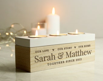 Personalised Our Life Story & Home Triple Tea Light Holder Box - Couples Gift