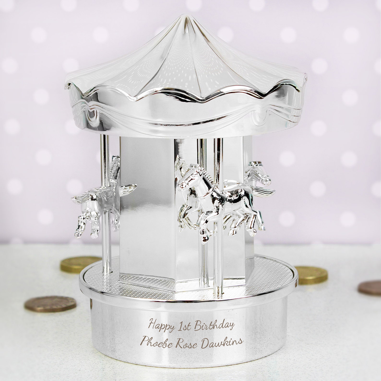Personalised Carousel Silver Money Box Birthday, Girl, New Baby