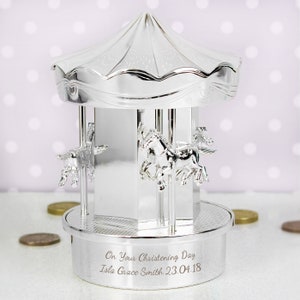 Personalised Carousel Silver Money Box - Birthday, Girl, New Baby, Christmas, Christening, Keepsake Gift