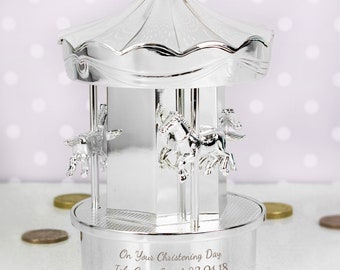 Personalised Carousel Silver Money Box - Birthday, Girl, New Baby, Christmas, Christening, Keepsake Gift