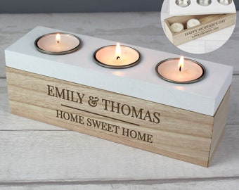 Personalised Wooden Triple Tea Light Holder, Wedding, New Home, Birthday, Gift, Couples, Anniversary, Engraved Message, For Her