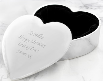 Personalised Engraved Silver Heart Shaped Trinket Box - Birthday Christmas Gift For Her