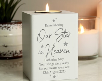 Personalised Our Star In Heaven White Wooden Tea Light Holder - Remembrance