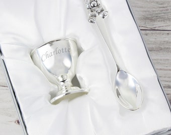 Personalised Silver Egg Cup & Spoon, Engraved Gift Set, Christening, New Baby, Birthdays, Baptism, Keepsake, Boy or Girl