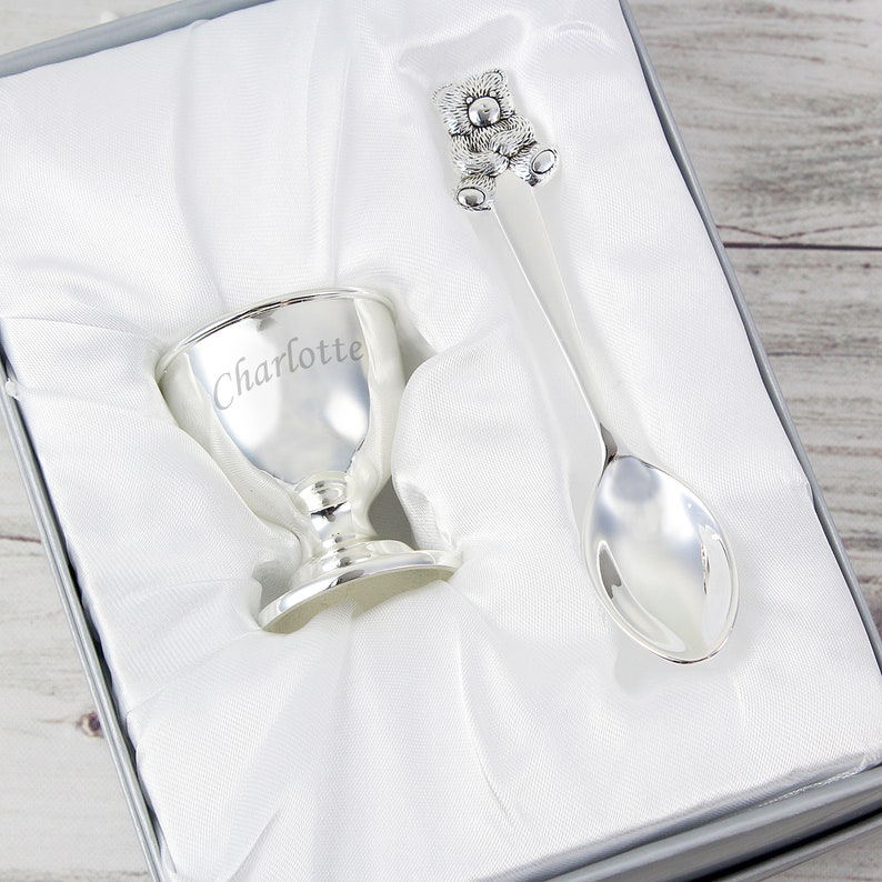 Personalised Silver Egg Cup & Spoon, Engraved Gift Set, Christening, New Baby, Birthdays, Baptism, Keepsake, Boy or Girl image 1