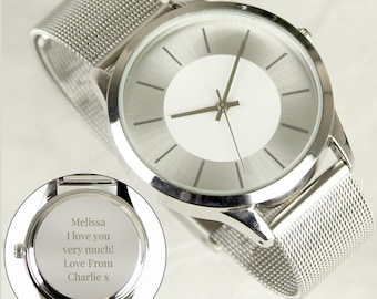 Personalised Ladies Silver with Mesh Style Strap Watch - Engraved Gift For Her