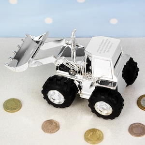 Personalised Engraved Silver Plated Digger Money Box - Christening Gift, Childrens, Birthday
