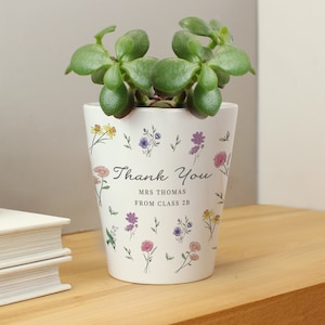 May include: White ceramic planter with a floral design and the text "Thank You"  "Mrs. Thomas" "From Class 2B". A small succulent plant is growing in the planter.