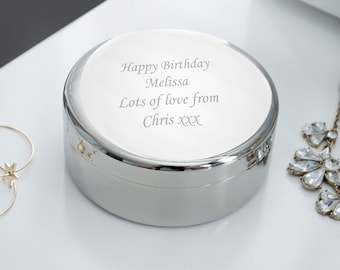 Personalised Round Silver Trinket Box For Her, Valentines, Mothers Day, Birthday, Engraved Gift, Message Keepsake