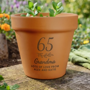 May include: A brown terracotta plant pot with the number 65 and the word "Grandma" printed on the front. The pot contains a small green plant. The text "LOTS OF LOVE FROM ALEX AND KATIE" is also printed on the pot.