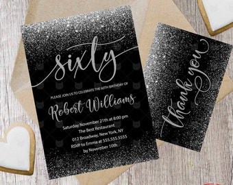 Sixty Invitation,Adult birthday invitation,60th Birthday invitation,Any Age,Black and Silver,b-day invite,Glitter font,Silver glitter