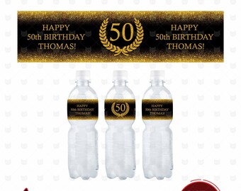 Water Bottle Labels,Birthday Bottle Labels,Custom Bottle Labels,Happy Birthday label,Any Age,Gold Glitter font,Black & Gold glitter