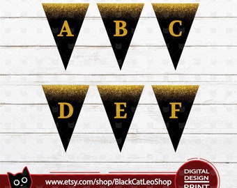 Gold Alphabet Pennants, DIY Printable Banner, Custom Banner,Birthday banner,Garland template,Gold Glitter font,Black & Gold glitter Pennants