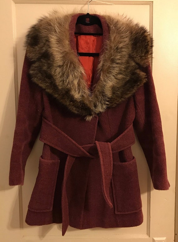 Pink wool coat with real fur collar vintage fur coat fully Etsy